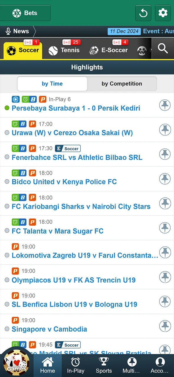 A screenshot of the sports betting page on the Baji app.